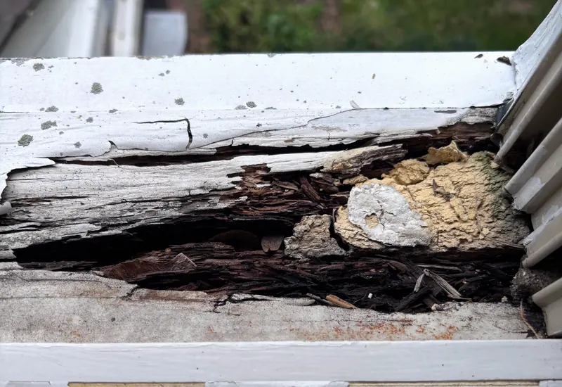 A rotted wood window sill with the paint split open