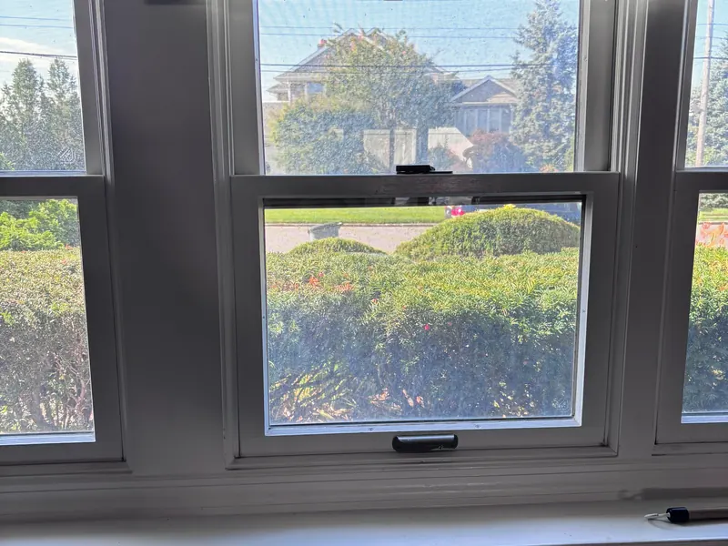 Three double hung windows looking out over a hedge