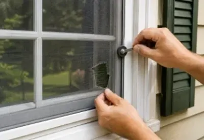 Hands patching a torn window screen