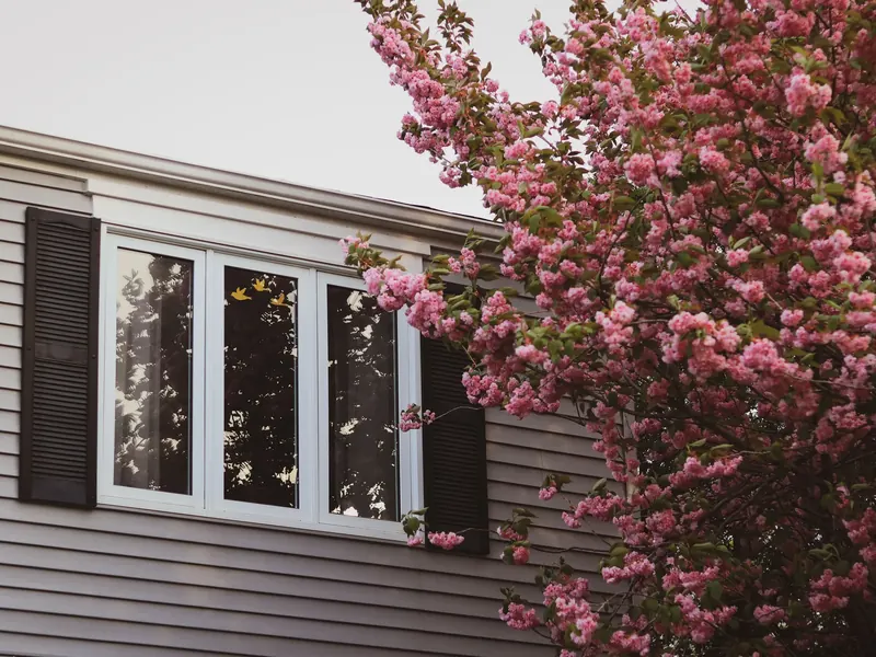 White windows with shutters on a sided house