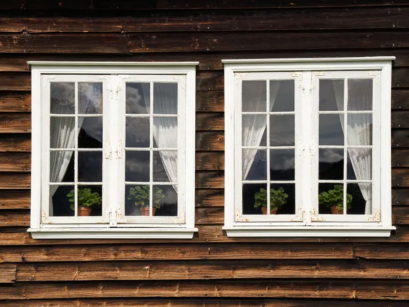 Two white divided pane windows in a dark wood wall